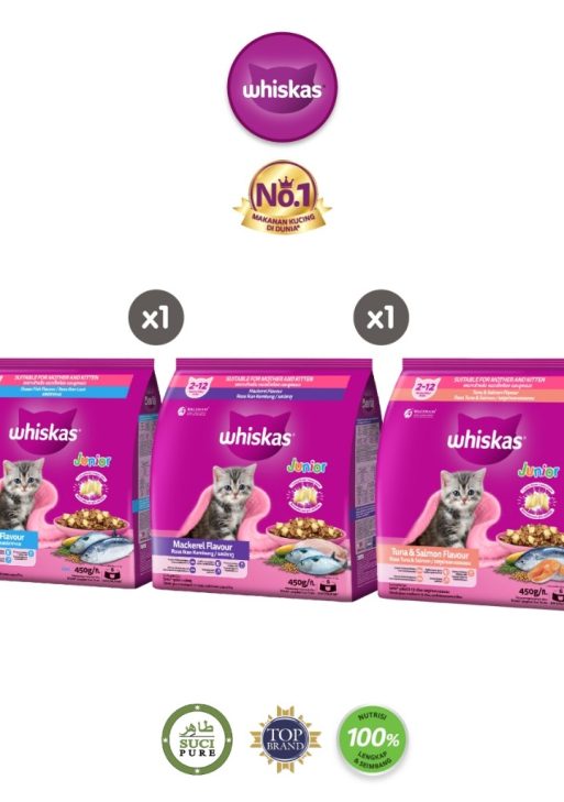 WHISKAS Junior Makanan Anak Kucing Kering Pilih Rasa 450gr